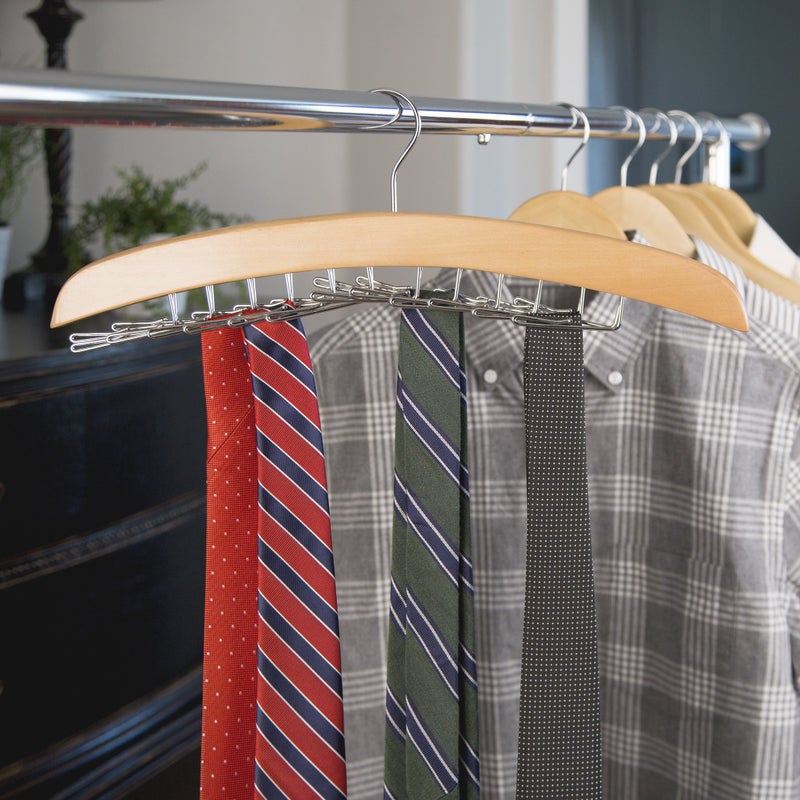 Richards Wooden Tie Rack Hanging Organizer for Mens Closet Accessories, Space Saving Necktie Holder for Storage and Display, Holds 24 Ties, Hook, Natural Wood with Chrome Accents - Image 4